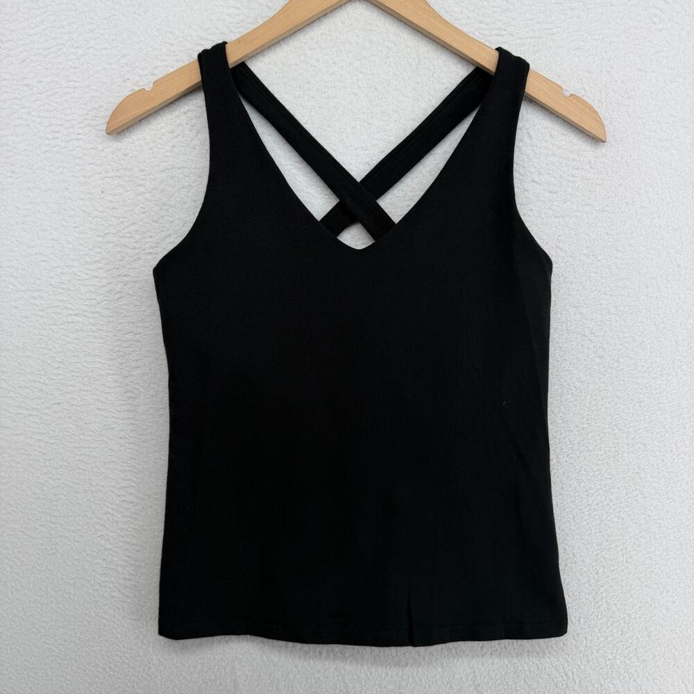 EILEEN FISHER Tank Top XS Stretch Organic Cotton Cross Back Shelf Bra Black USA